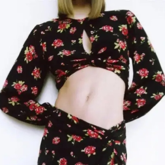 ZARA size small Floral Black Crop Top, long sleeve, key hole front - Picture 1 of 8